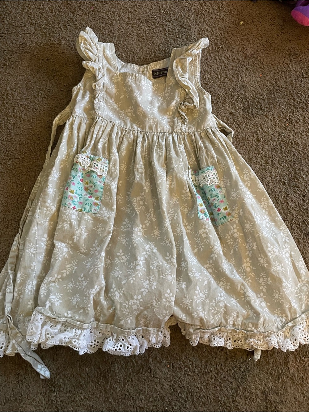 Mustard Pie Cream Floral Ruffle Dress with Mint Patch Pockets